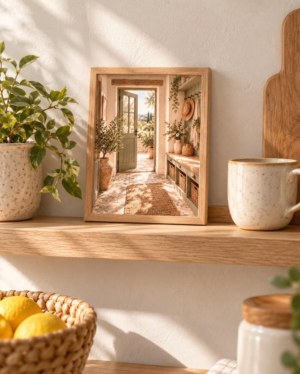 Mediterranean Entryway Print with Sage Green Door and Countryside View — lifestyle mockup 5