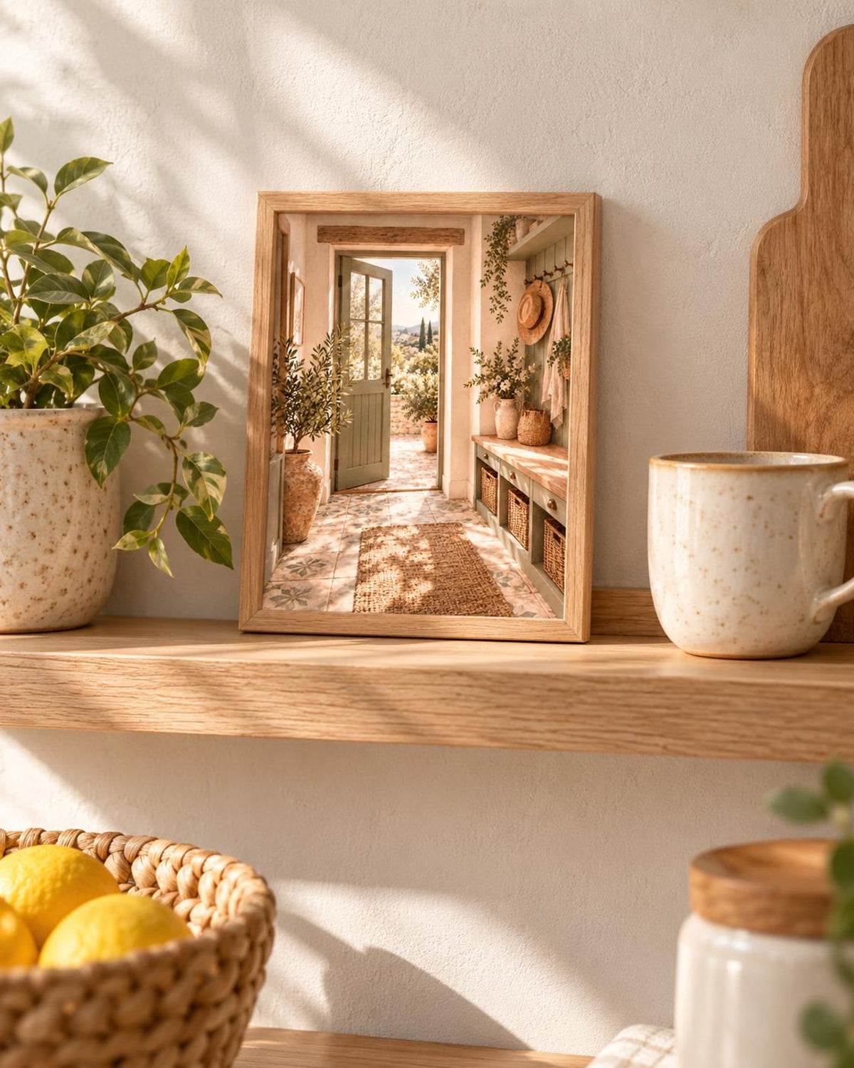 Mediterranean Entryway Print with Sage Green Door and Countryside View — lifestyle mockup 5