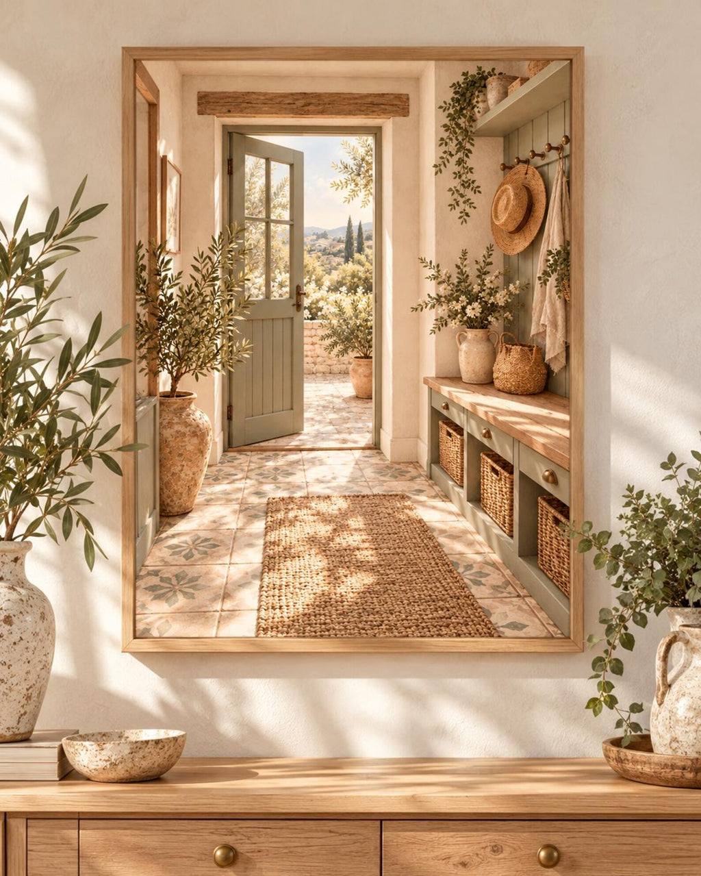 Mediterranean Entryway Print with Sage Green Door and Countryside View — front image