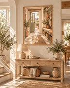 Framed Mediterranean Entryway Print with Sage Green Door and Countryside View — lifestyle mockup 3