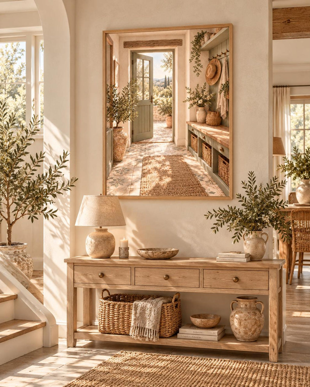 Framed Mediterranean Entryway Print with Sage Green Door and Countryside View — lifestyle mockup 3