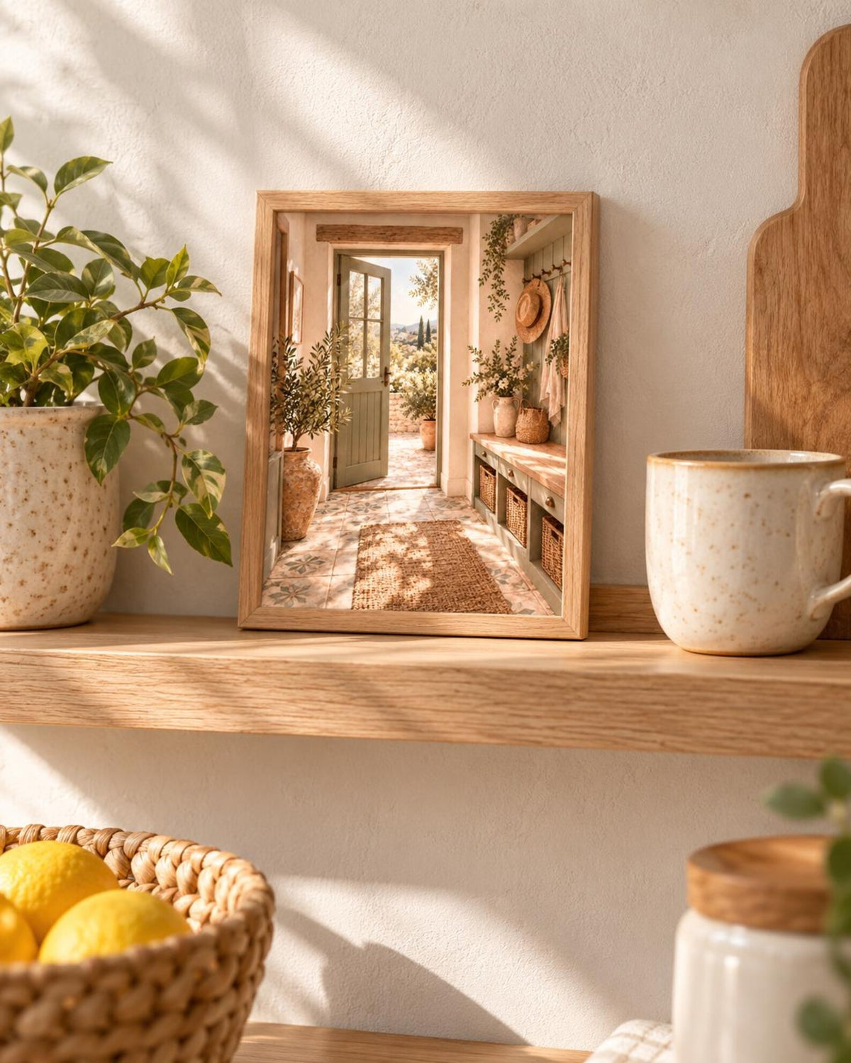Framed Mediterranean Entryway Print with Sage Green Door and Countryside View — lifestyle mockup 4