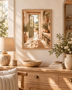 Framed Mediterranean Entryway Print with Sage Green Door and Countryside View — lifestyle mockup 5