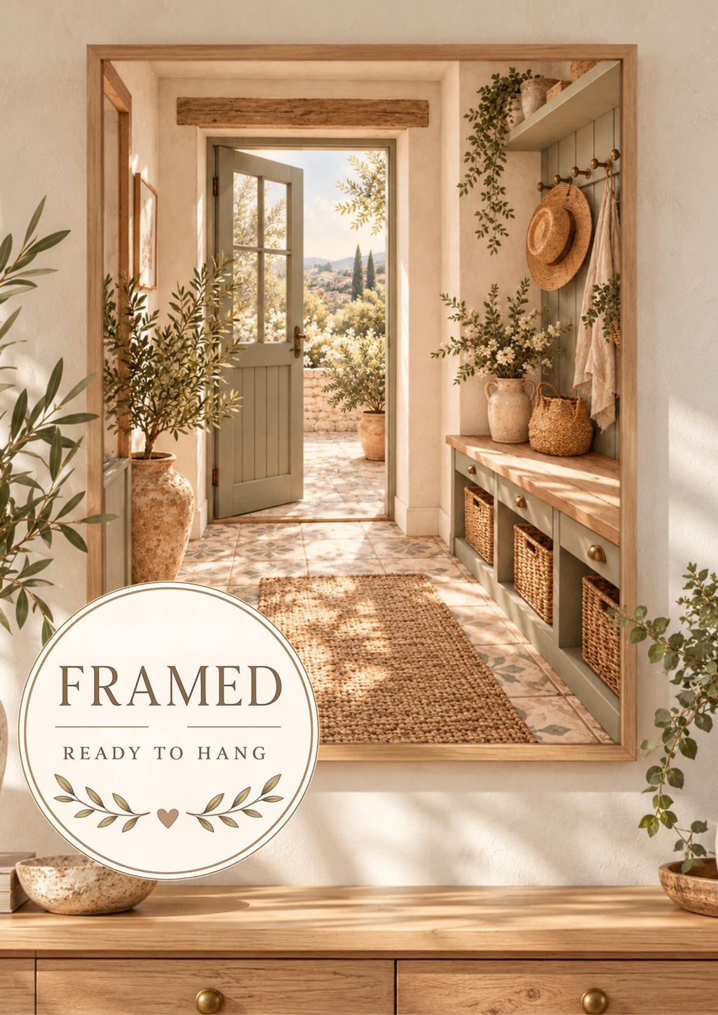 Framed Mediterranean Entryway Print with Sage Green Door and Countryside View — front image