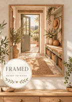 Framed Mediterranean Entryway Print with Sage Green Door and Countryside View — front image