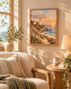 Framed Coastal Lighthouse Print, Sunset Seaside Landscape Art — lifestyle mockup 1
