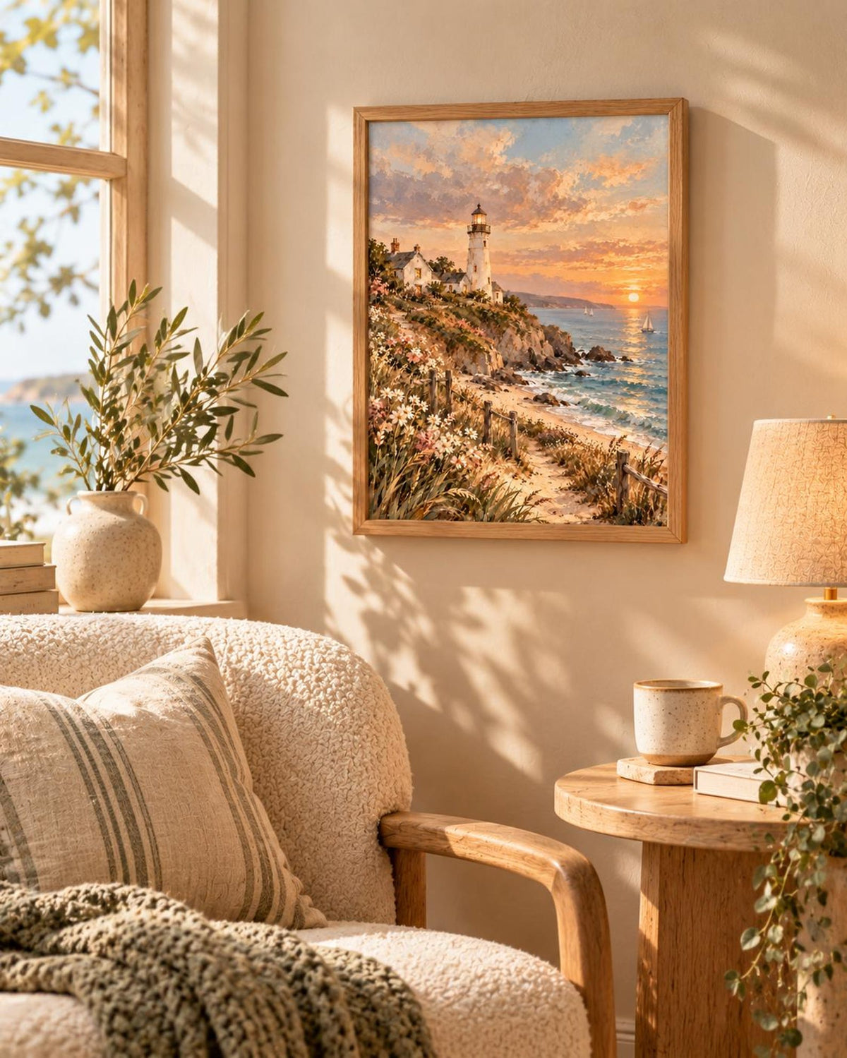 Framed Coastal Lighthouse Print, Sunset Seaside Landscape Art — lifestyle mockup 1