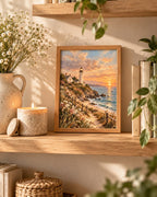 Framed Coastal Lighthouse Print, Sunset Seaside Landscape Art — lifestyle mockup 3