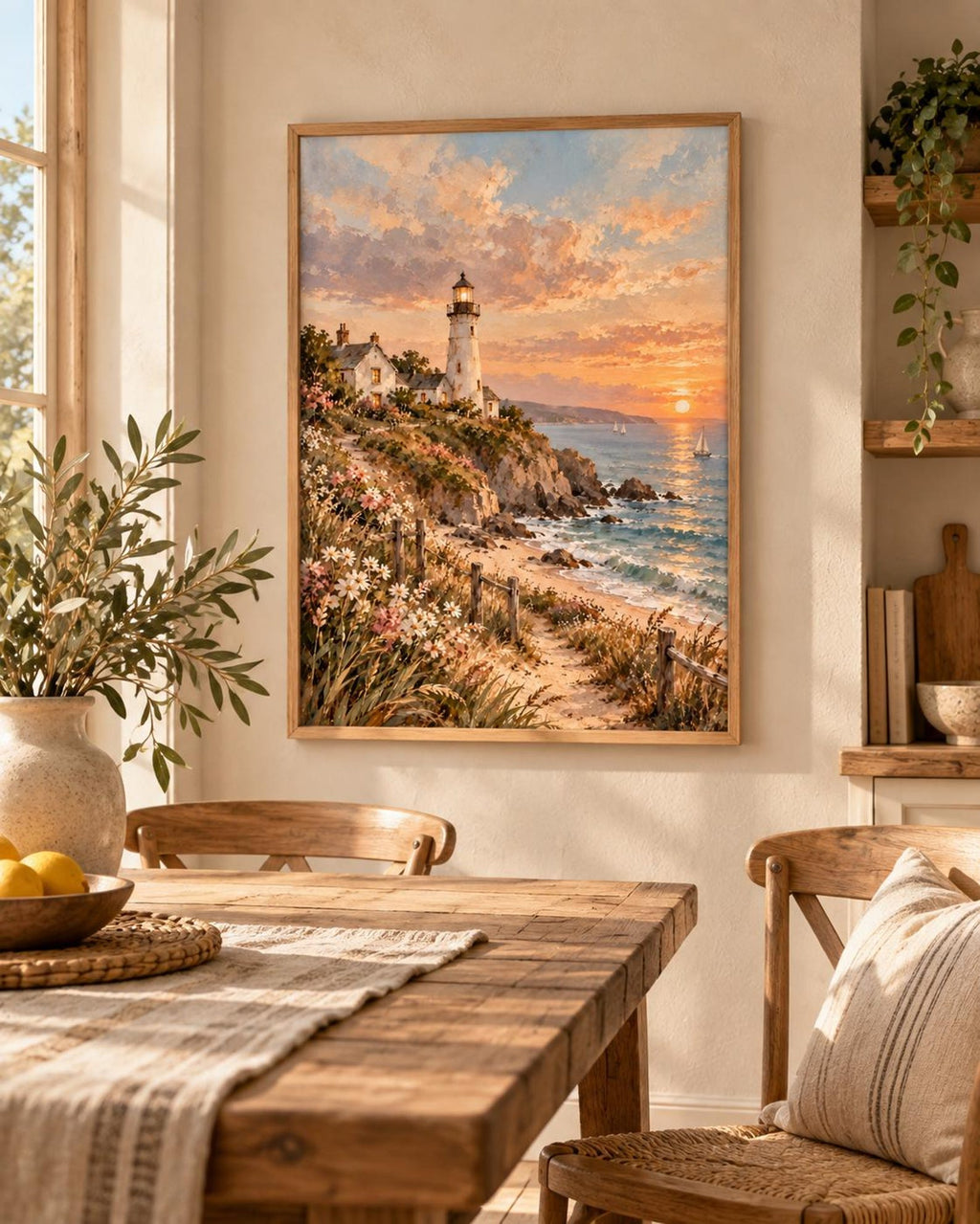 Framed Coastal Lighthouse Print, Sunset Seaside Landscape Art — lifestyle mockup 4