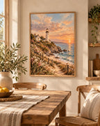 Framed Coastal Lighthouse Print, Sunset Seaside Landscape Art — lifestyle mockup 4