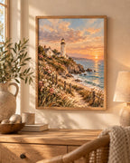 Framed Coastal Lighthouse Print, Sunset Seaside Landscape Art — lifestyle mockup 5