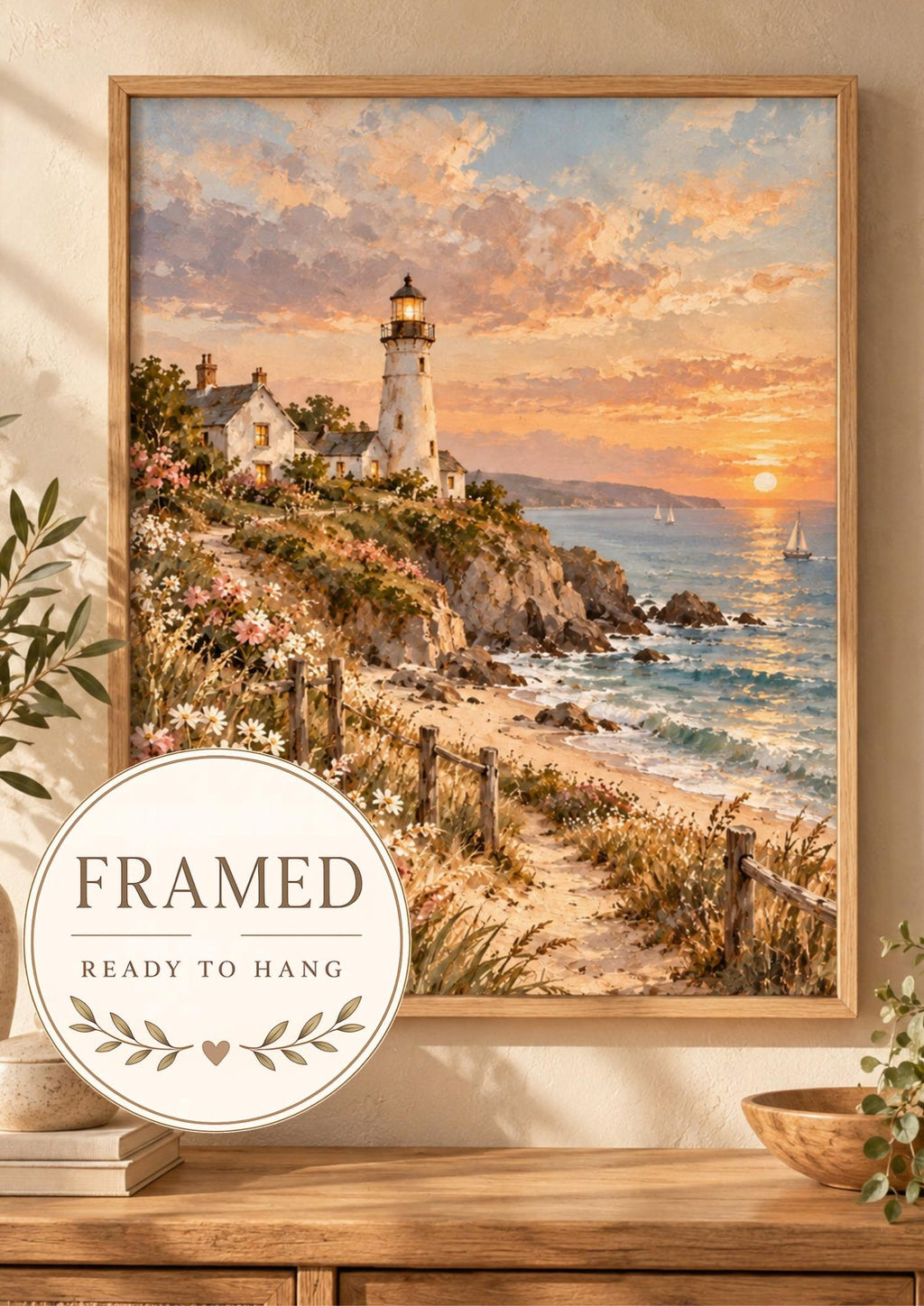 Framed Coastal Lighthouse Print, Sunset Seaside Landscape Art — front image