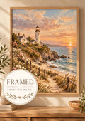 Framed Coastal Lighthouse Print, Sunset Seaside Landscape Art — front image