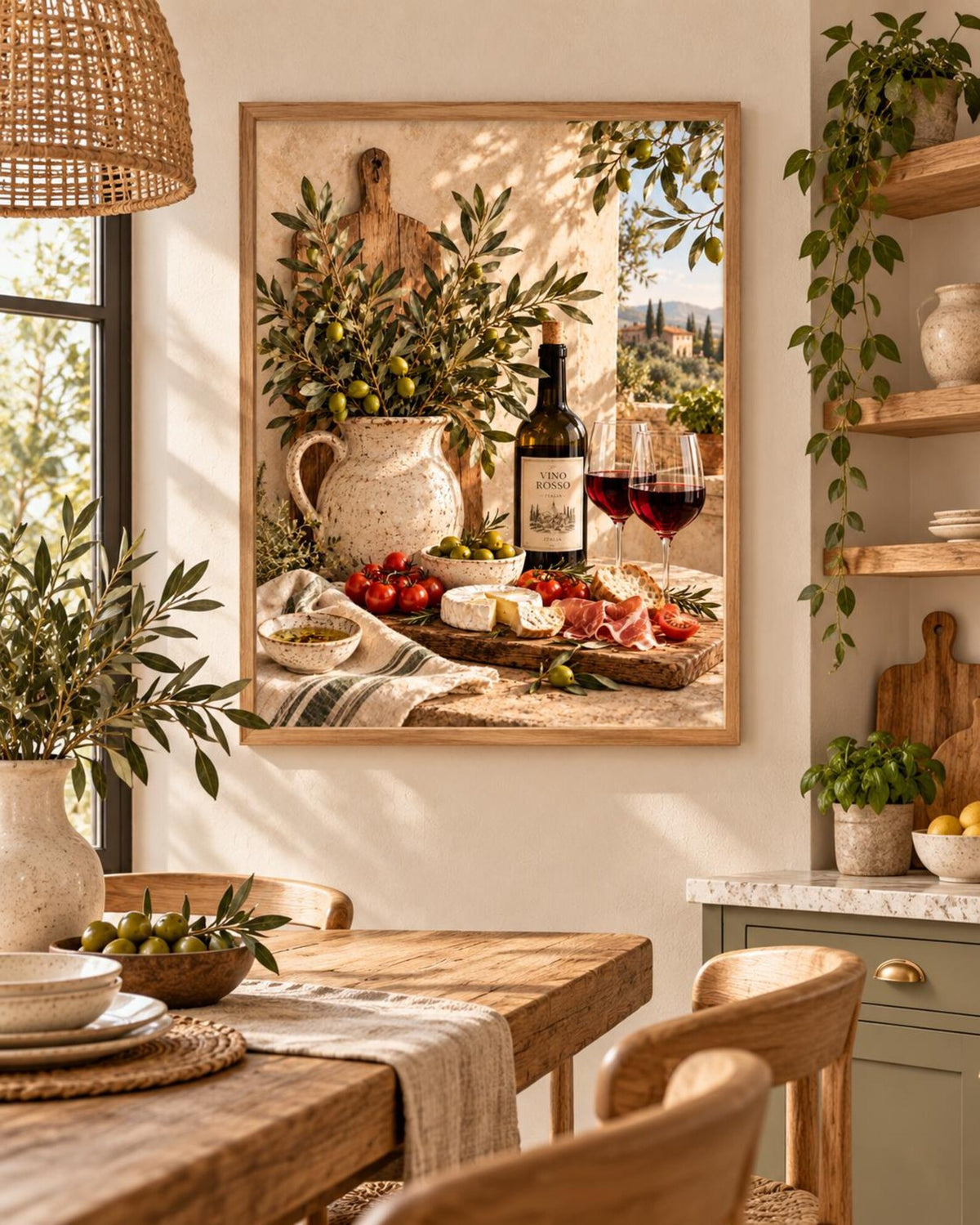 Tuscan Kitchen Print, Italian Wine and Olive Still Life — lifestyle mockup 1