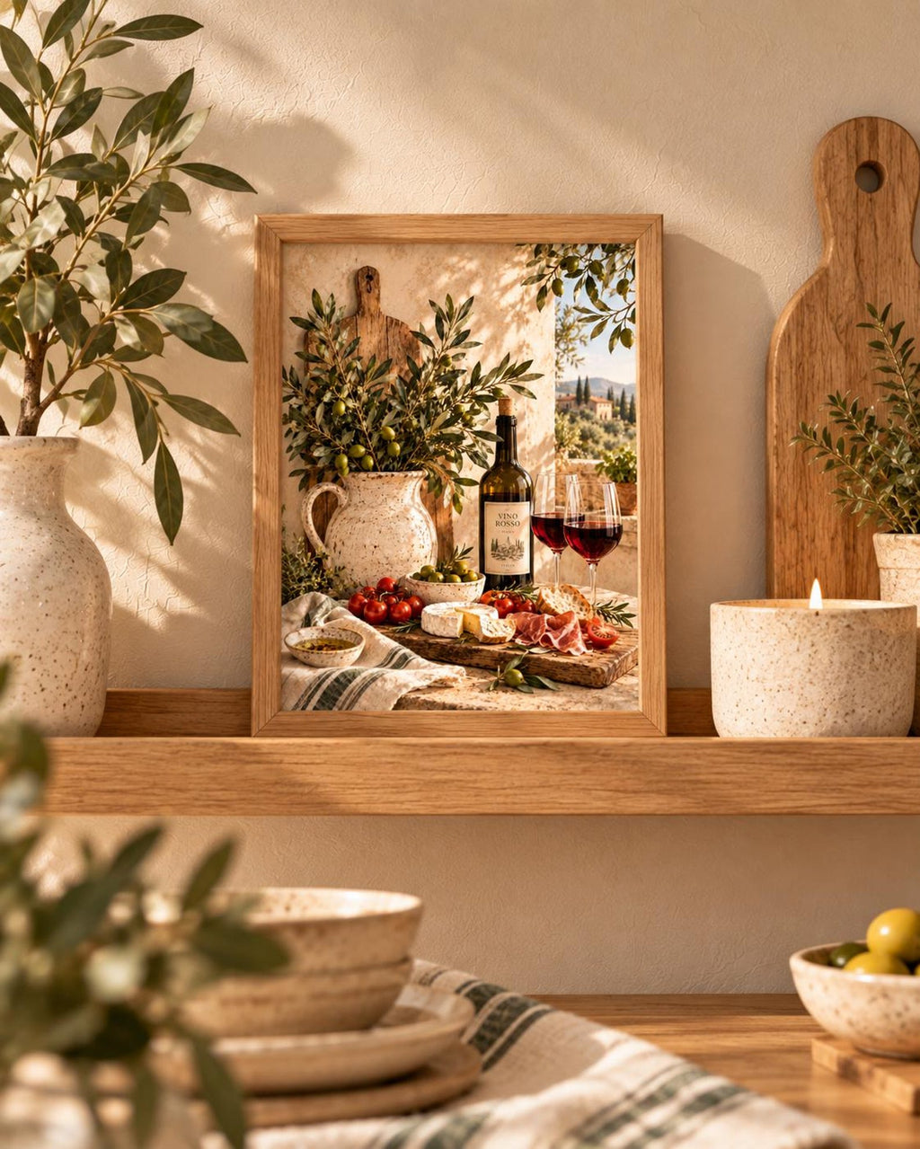 Framed Tuscan Kitchen Print, Italian Wine and Olive Still Life — lifestyle mockup 3