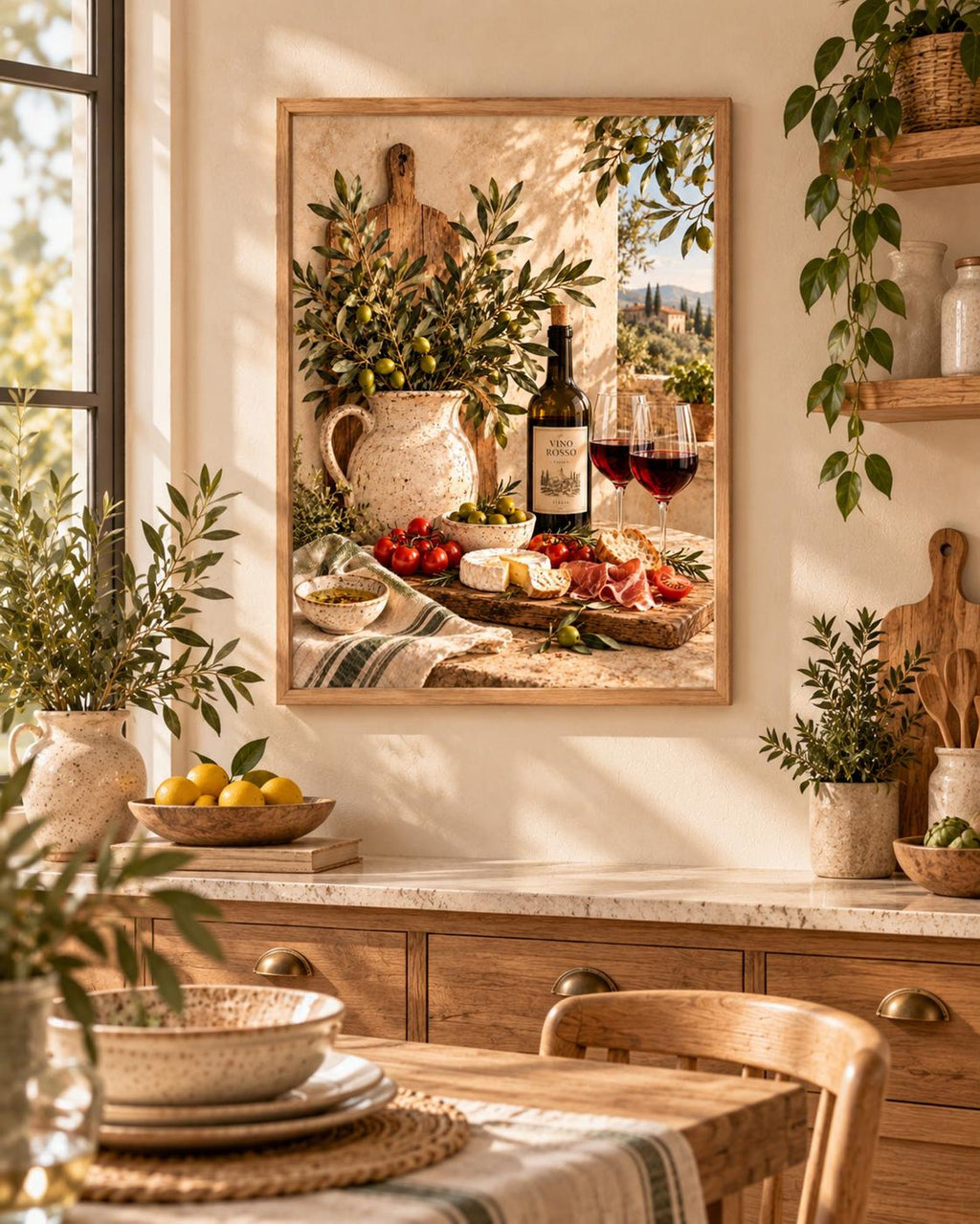 Framed Tuscan Kitchen Print, Italian Wine and Olive Still Life — lifestyle mockup 4