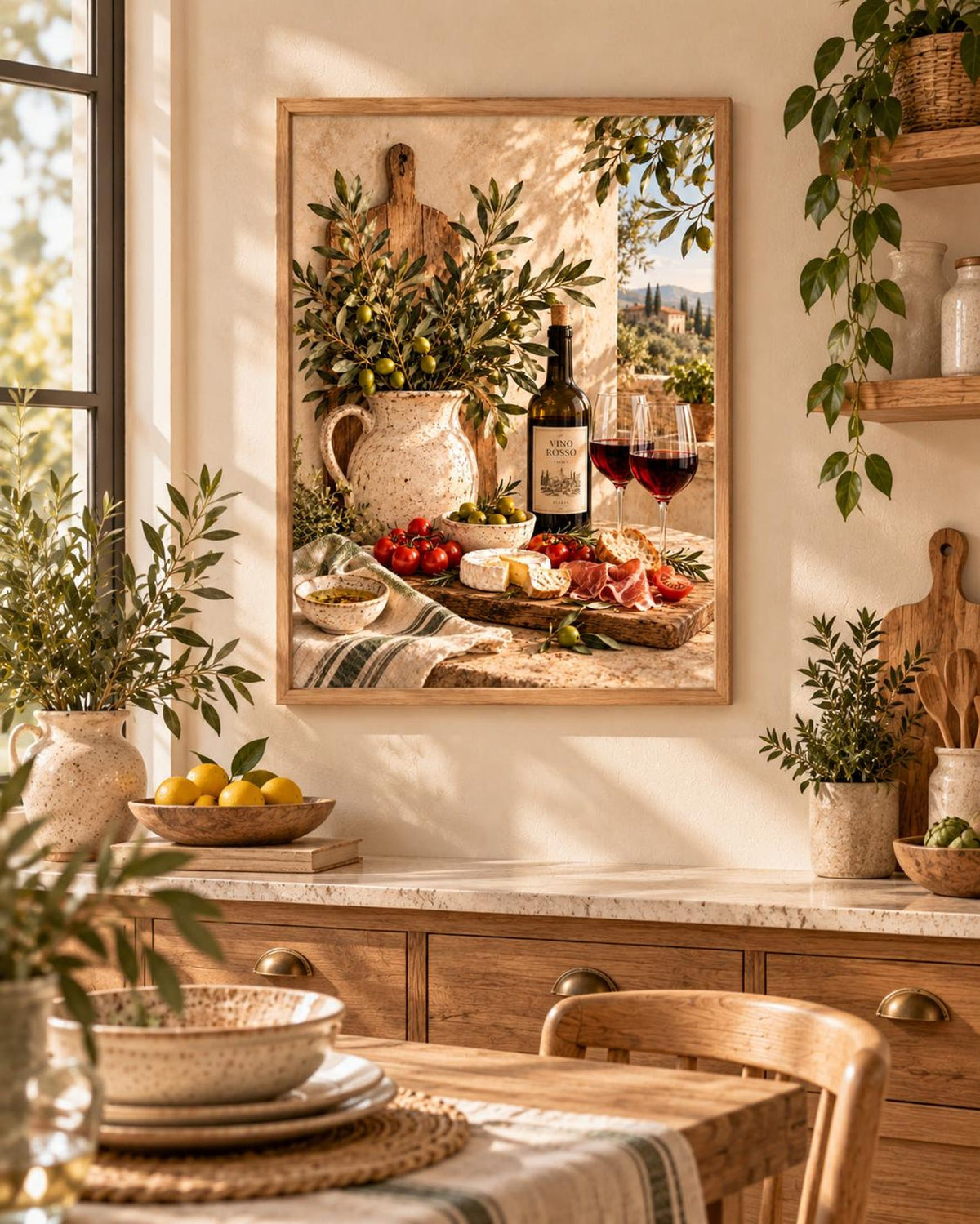 Framed Tuscan Kitchen Print, Italian Wine and Olive Still Life — lifestyle mockup 4