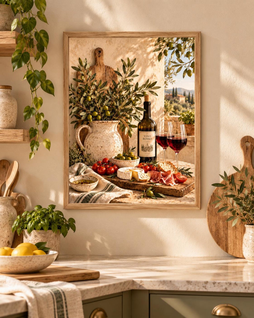 Framed Tuscan Kitchen Print, Italian Wine and Olive Still Life — lifestyle mockup 5
