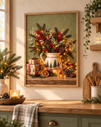 Christmas Print, Rustic Festive Still Life with Evergreen, Berries and Pinecones — lifestyle mockup 1