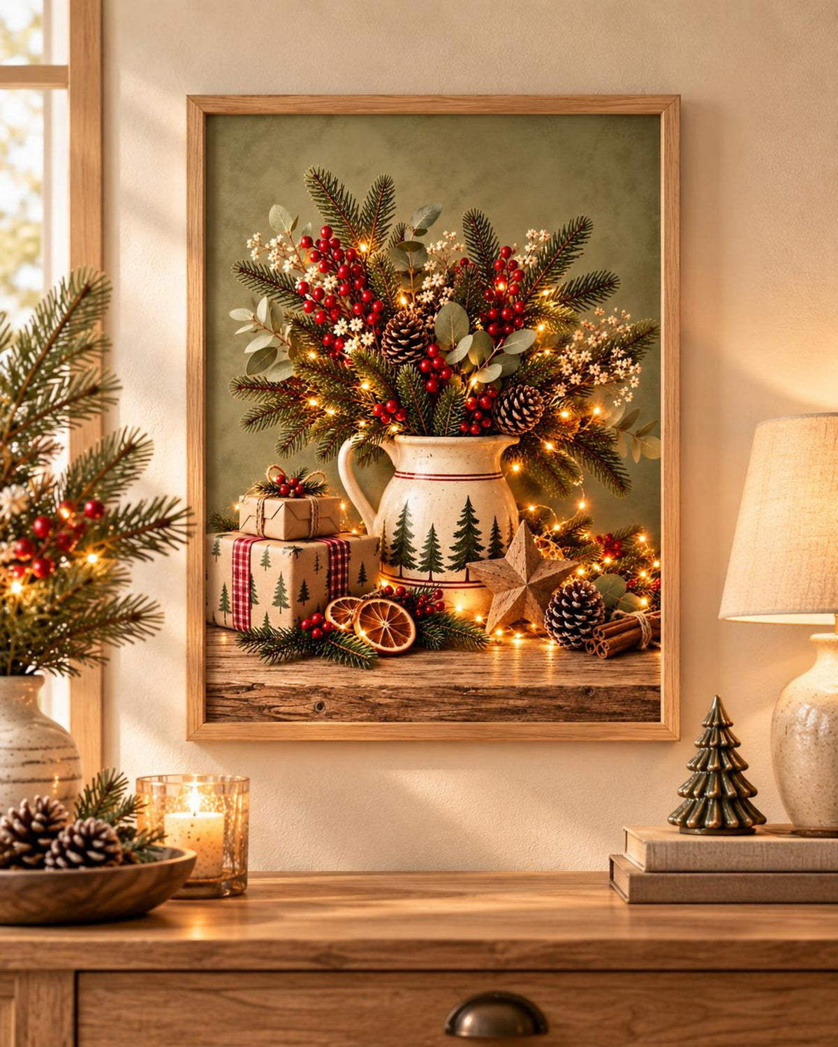 Christmas Print, Rustic Festive Still Life with Evergreen, Berries and Pinecones — lifestyle mockup 3