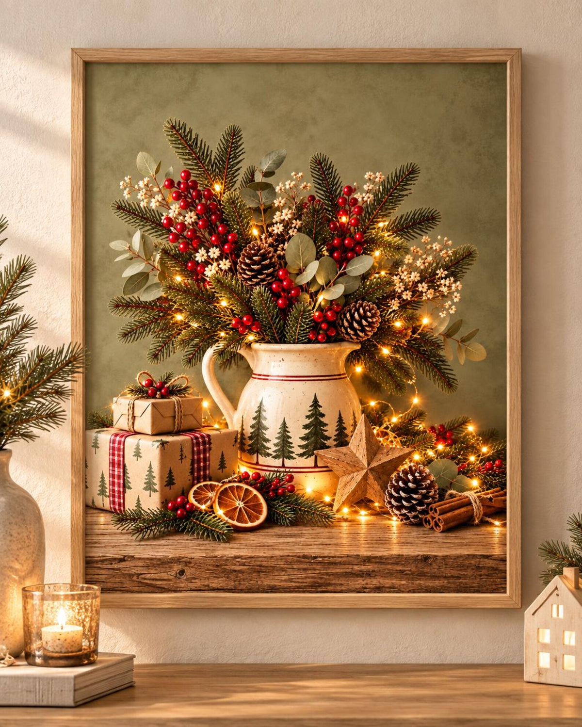 Christmas Print, Rustic Festive Still Life with Evergreen, Berries and Pinecones — front image