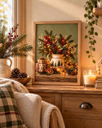 Framed Christmas Print, Rustic Festive Still Life with Evergreen, Red Berries and Pinecones — lifestyle mockup 1