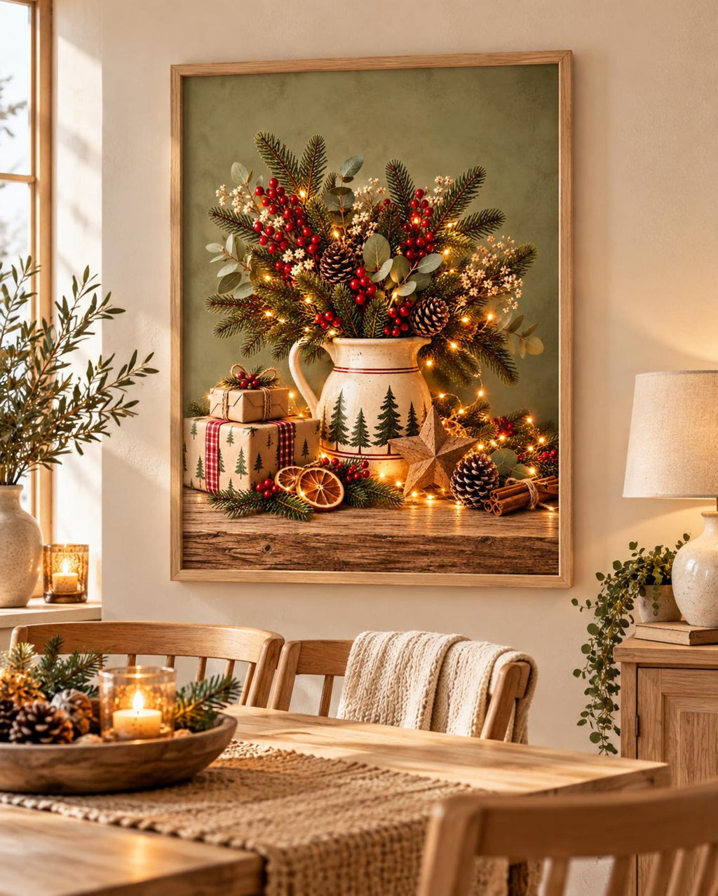 Framed Christmas Print, Rustic Festive Still Life with Evergreen, Red Berries and Pinecones — lifestyle mockup 3