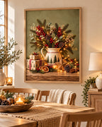 Framed Christmas Print, Rustic Festive Still Life with Evergreen, Red Berries and Pinecones — lifestyle mockup 3