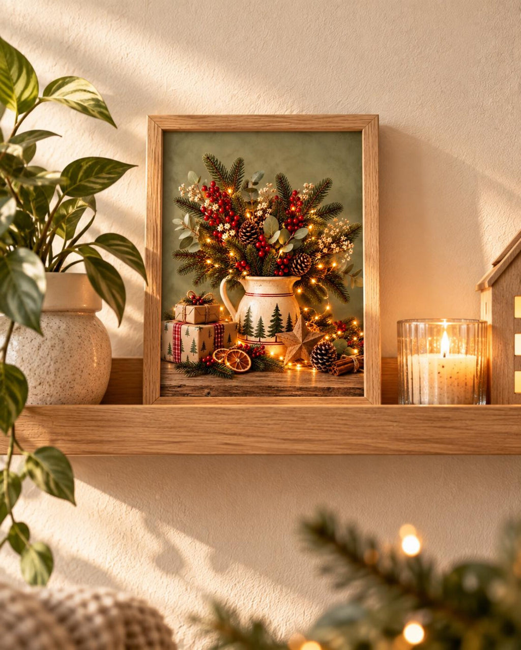 Framed Christmas Print, Rustic Festive Still Life with Evergreen, Red Berries and Pinecones — lifestyle mockup 4