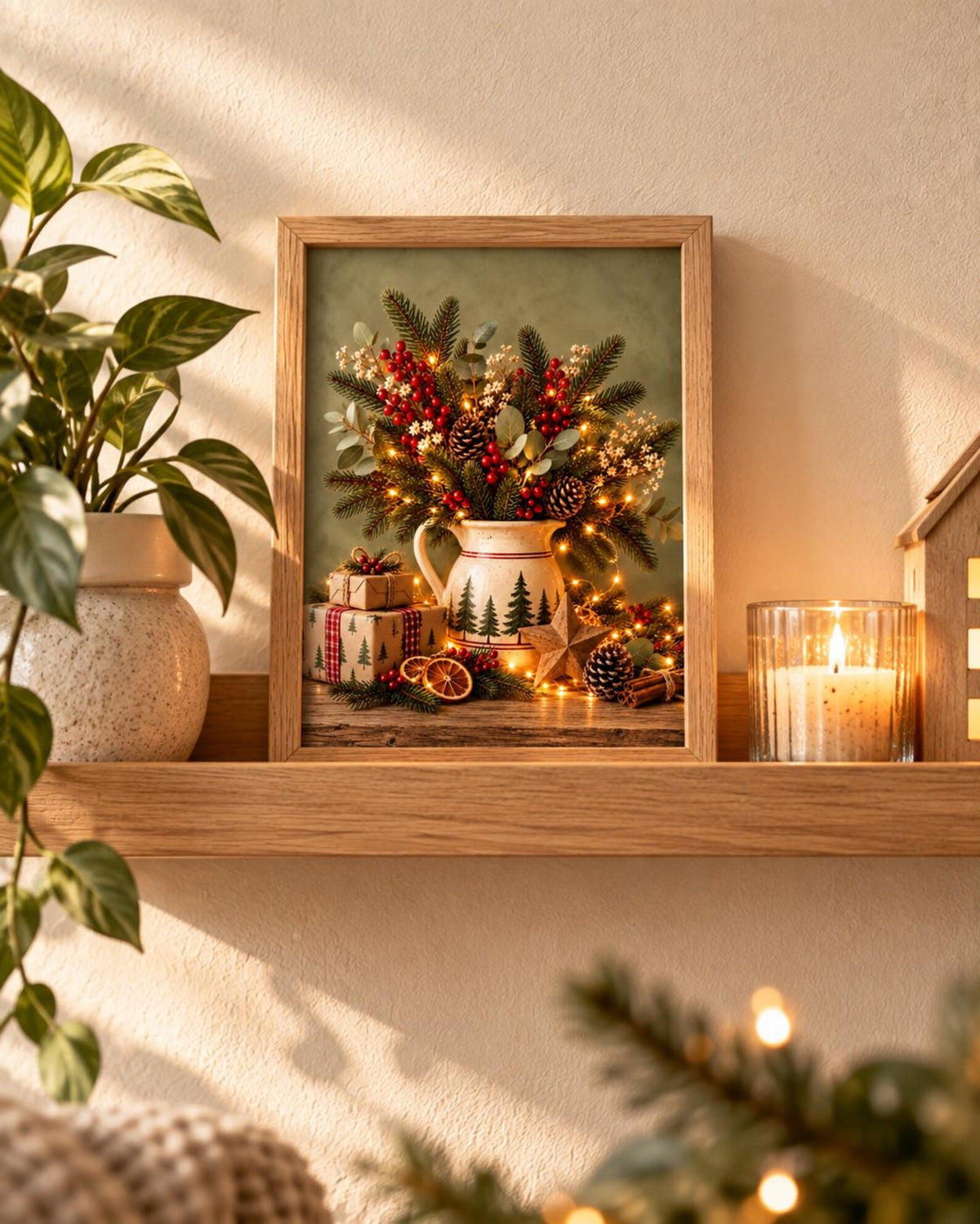 Framed Christmas Print, Rustic Festive Still Life with Evergreen, Red Berries and Pinecones — lifestyle mockup 4