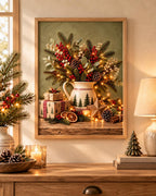 Framed Christmas Print, Rustic Festive Still Life with Evergreen, Red Berries and Pinecones — lifestyle mockup 5