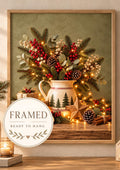 Framed Christmas Print, Rustic Festive Still Life with Evergreen, Red Berries and Pinecones — front image