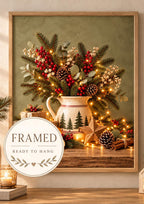 Framed Christmas Print, Rustic Festive Still Life with Evergreen, Red Berries and Pinecones — front image