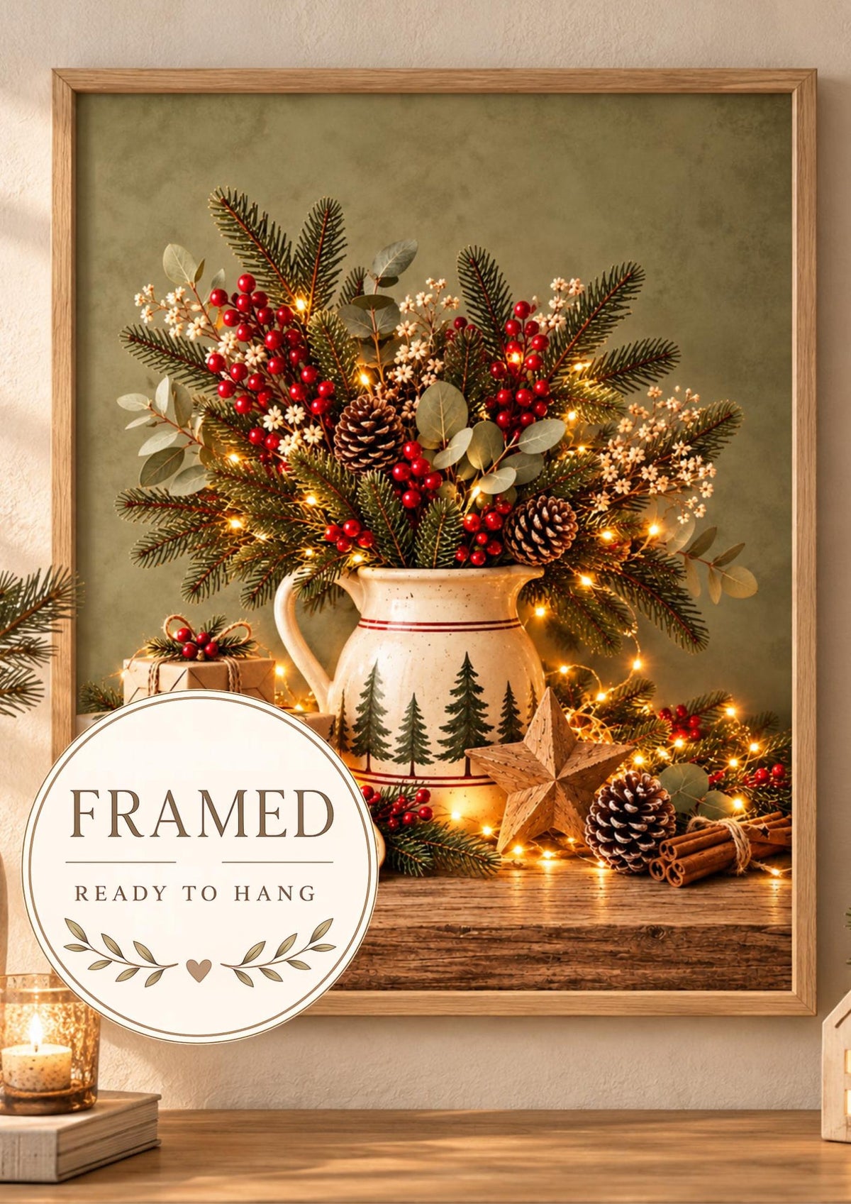 Framed Christmas Print, Rustic Festive Still Life with Evergreen, Red Berries and Pinecones — front image
