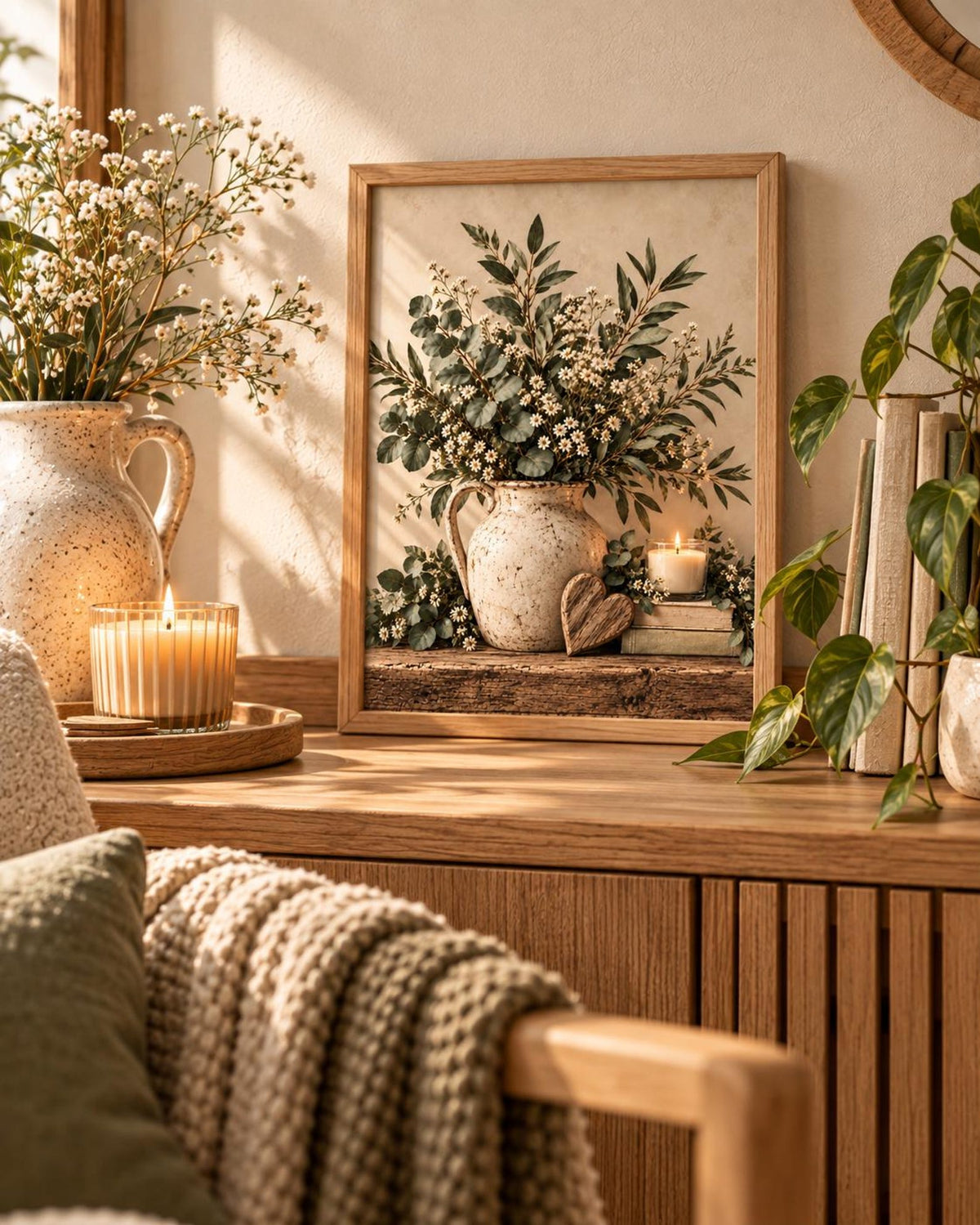Botanical Wall Art Print, Neutral Eucalyptus and Daisy Farmhouse Decor — lifestyle mockup 4