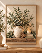 Botanical Wall Art Print, Neutral Eucalyptus and Daisy Farmhouse Decor — front image