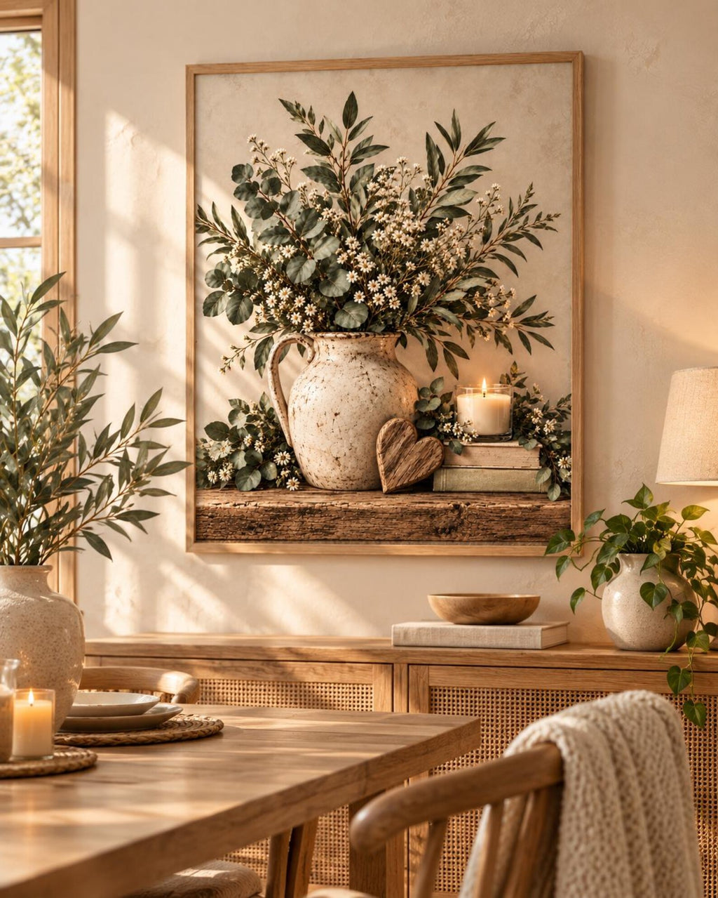 Framed Botanical Wall Art Print, Eucalyptus Daisy Neutral Farmhouse Decor — lifestyle mockup 1