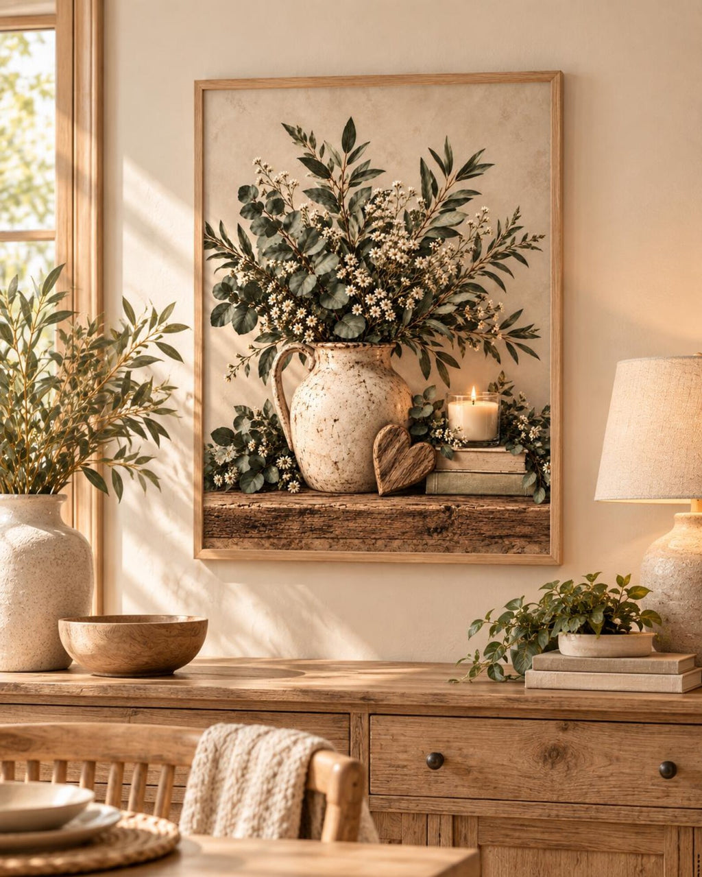 Framed Botanical Wall Art Print, Eucalyptus Daisy Neutral Farmhouse Decor — lifestyle mockup 2