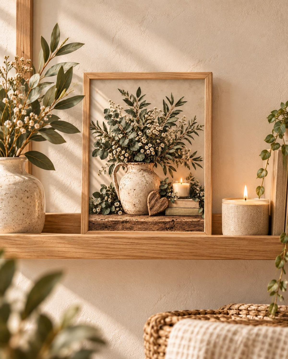 Framed Botanical Wall Art Print, Eucalyptus Daisy Neutral Farmhouse Decor — lifestyle mockup 4