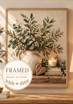 Framed Botanical Wall Art Print, Eucalyptus Daisy Neutral Farmhouse Decor — front image