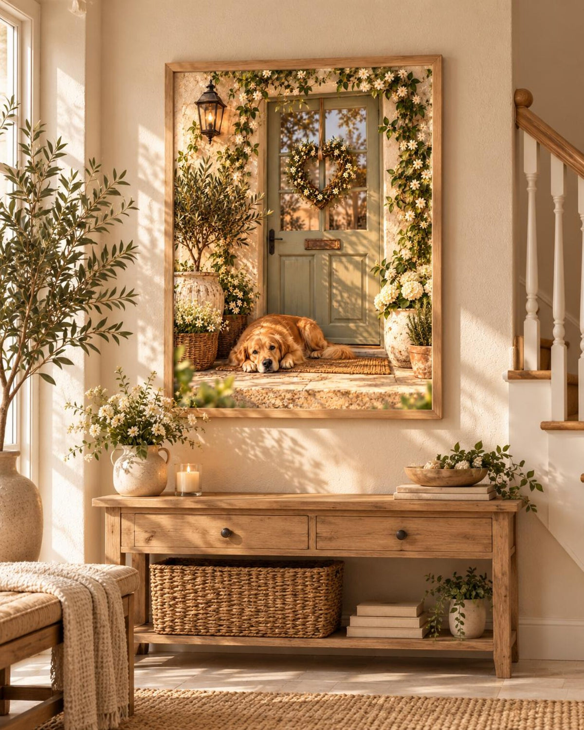 Golden Retriever Print, Cottage Door Dog Wall Art, Floral Farmhouse Decor — lifestyle mockup 3