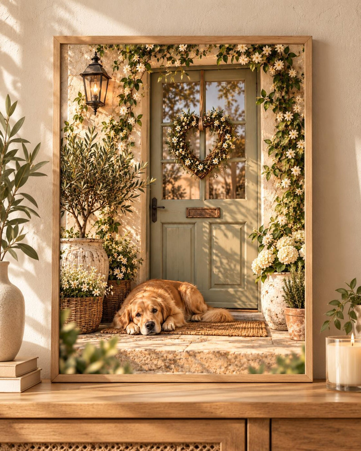 Golden Retriever Print, Cottage Door Dog Wall Art, Floral Farmhouse Decor — front image