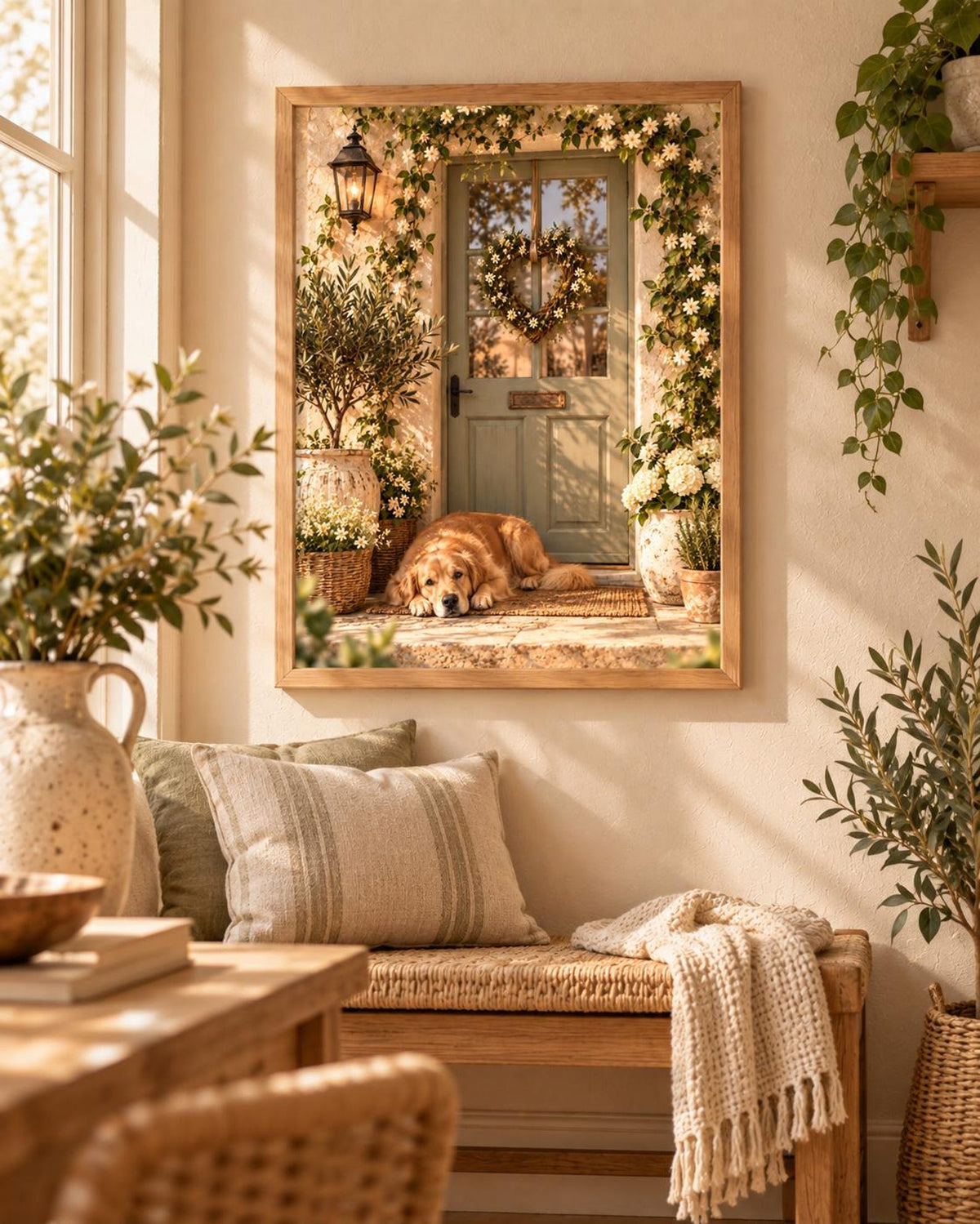 Framed Golden Retriever Print, Cottage Door Dog Art, Floral Farmhouse Decor — lifestyle mockup 1