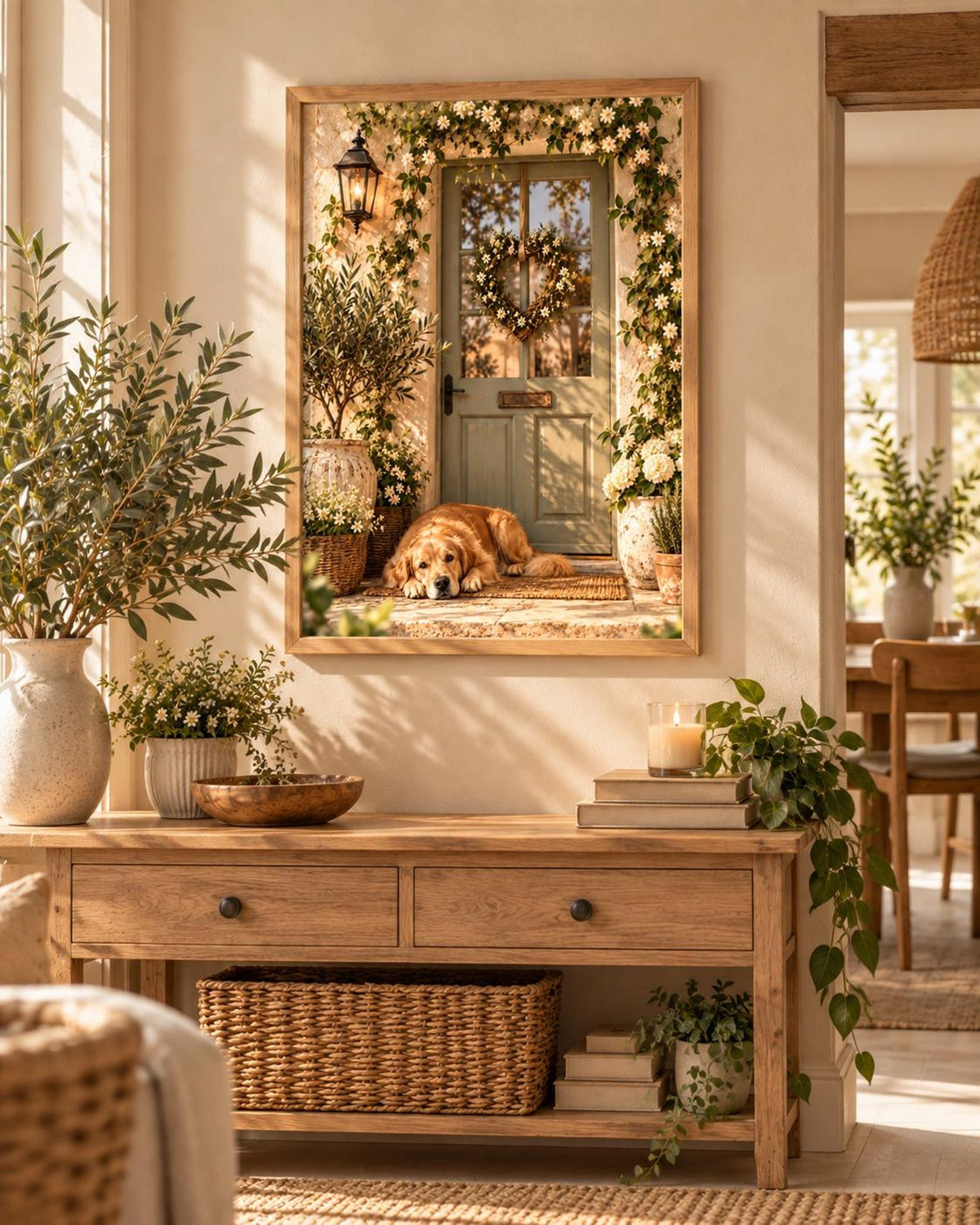 Framed Golden Retriever Print, Cottage Door Dog Art, Floral Farmhouse Decor — lifestyle mockup 3