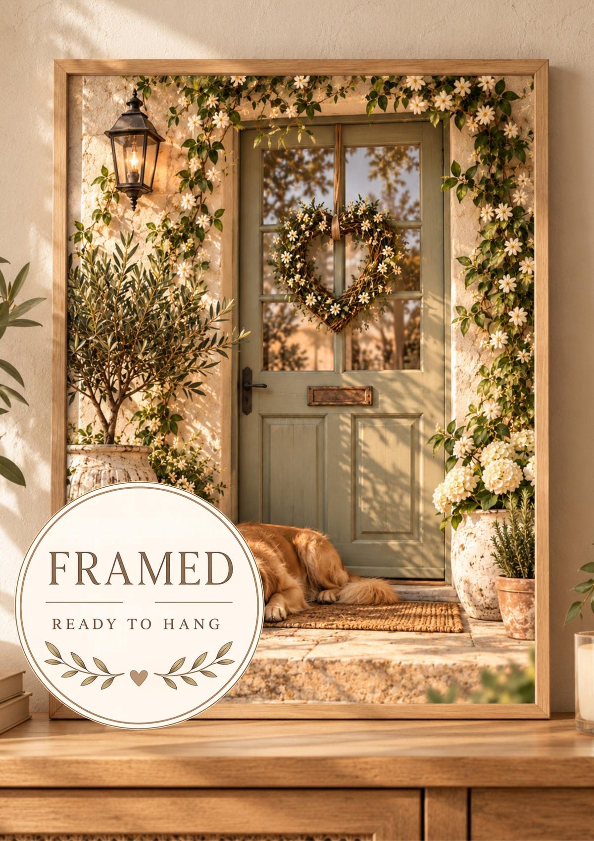 Framed Golden Retriever Print, Cottage Door Dog Art, Floral Farmhouse Decor — front image