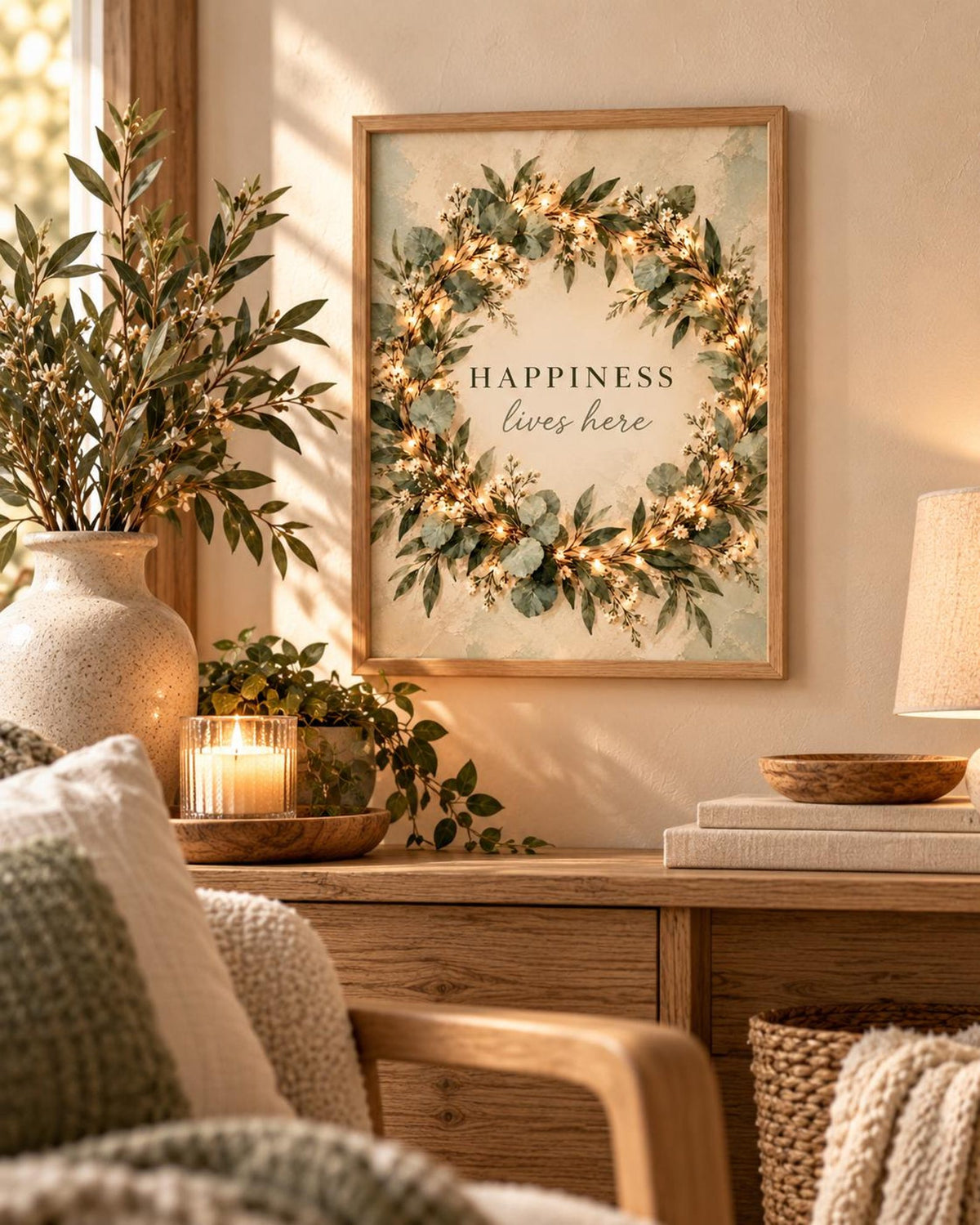 Botanical Wreath Print, Happiness Lives Here Quote, Neutral Green Wall Art — lifestyle mockup 1