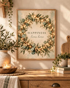 Botanical Wreath Print, Happiness Lives Here Quote, Neutral Green Wall Art — lifestyle mockup 3