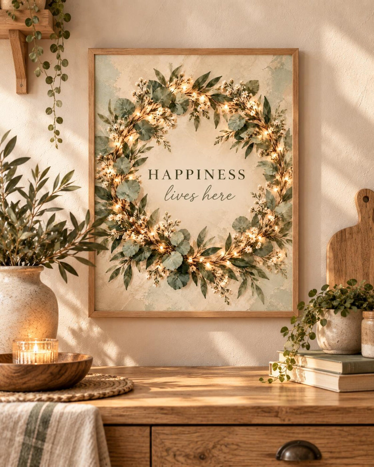 Botanical Wreath Print, Happiness Lives Here Quote, Neutral Green Wall Art — lifestyle mockup 3