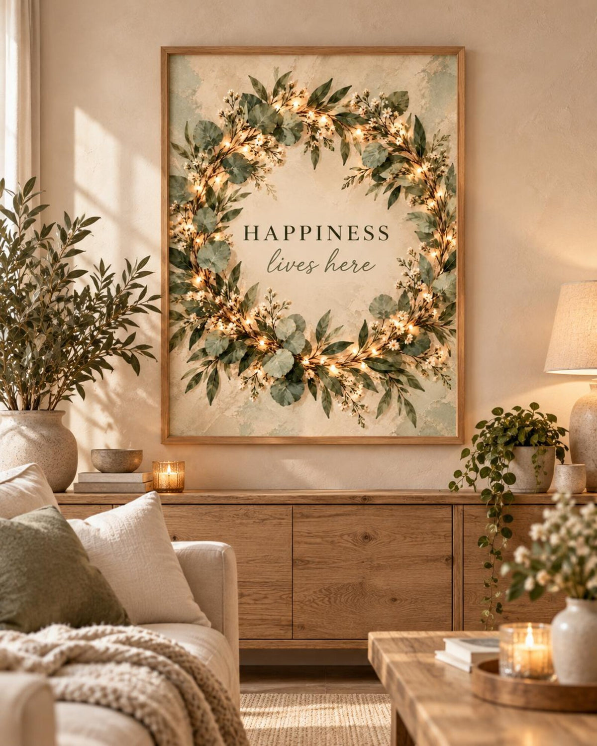 Botanical Wreath Print, Happiness Lives Here Quote, Neutral Green Wall Art — lifestyle mockup 4