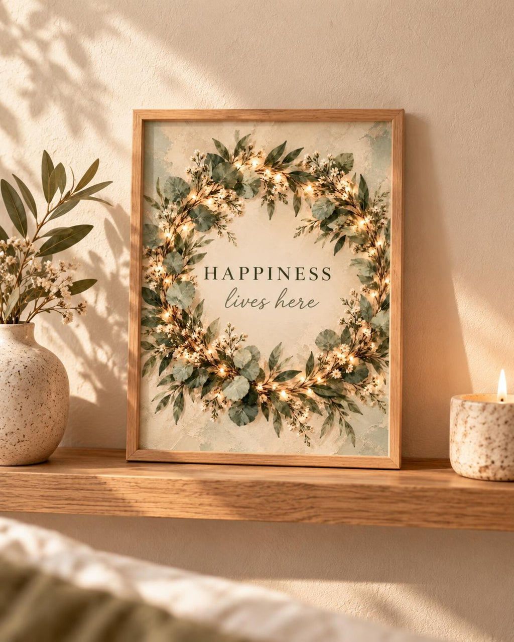 Botanical Wreath Print, Happiness Lives Here Quote, Neutral Green Wall Art — lifestyle mockup 5